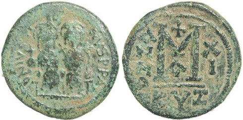 Byzantine Empire - Justin II & Sophia AE follis - Cyzicus- Year XI
